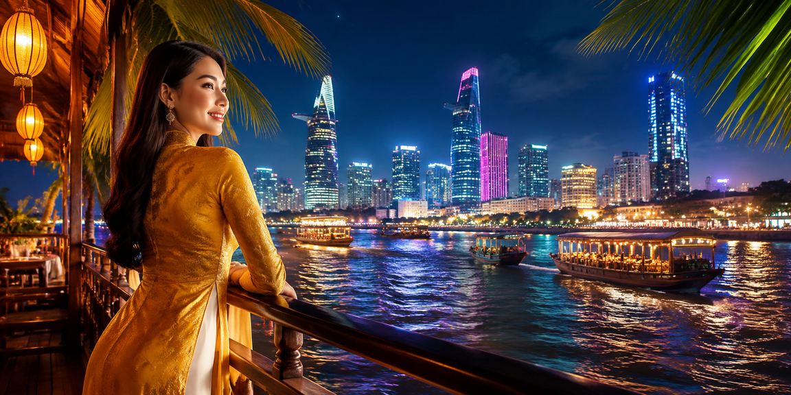 Phụ nữ mặc áo dài vùng Mekong theo dõi kết quả cá cược thể thao trên điện thoại